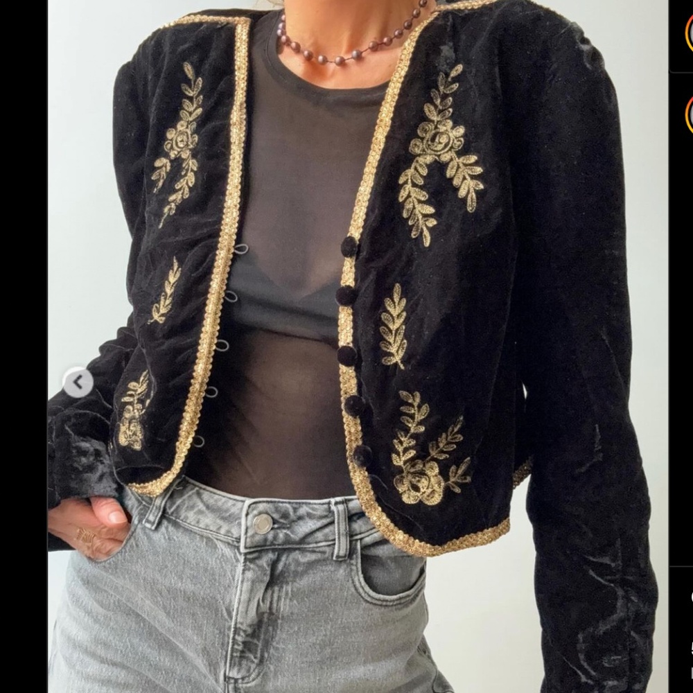 Free People Velour Gold Embroidered Cropped Jacket NWOT